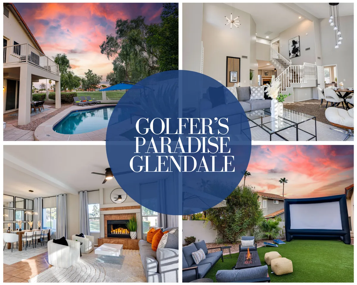 The image showcases a stunning backyard at sunset, featuring a sparkling swimming pool surrounded by comfortable outdoor lounge seating. The inviting glow of the sunset sky reflects on the water, while the patio offers a welcoming space for gatherings. The interior living space is visible through large windows, seamlessly blending indoor and outdoor living. The ambiance hints at cozy evenings, outdoor movies, and memorable family moments under the Arizona sky.